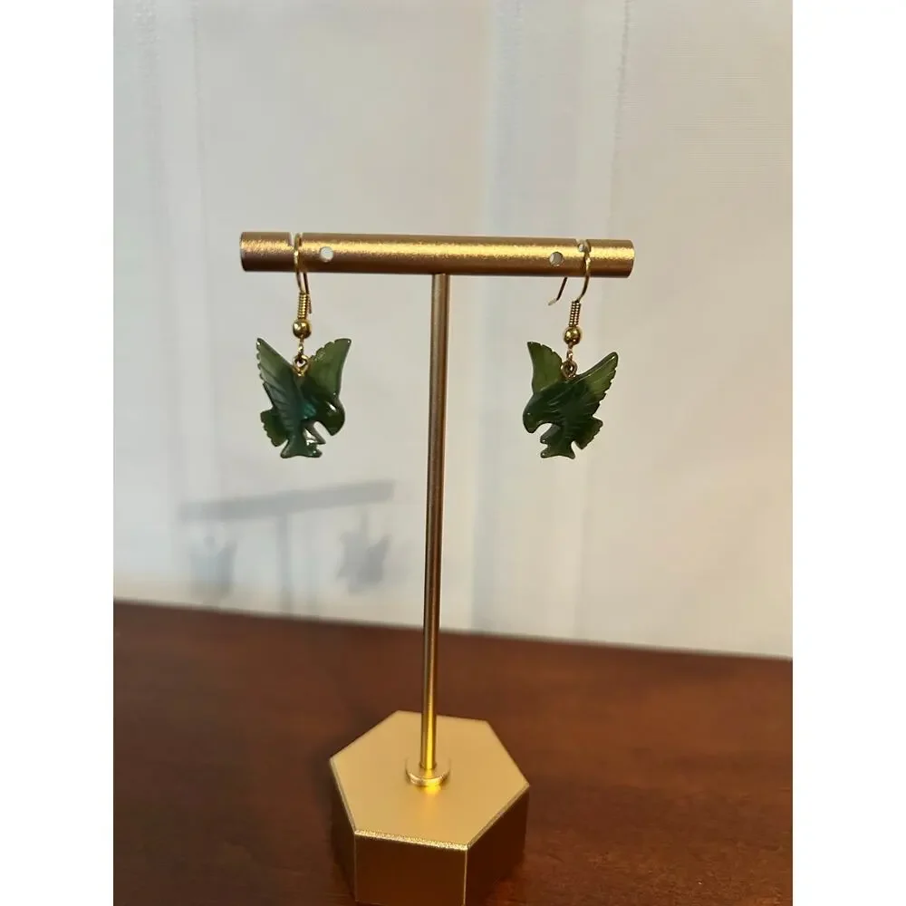 Vintage Hand Carved Green Nephrite Jade Bird of Prey Earrings Dangle Fish Hook